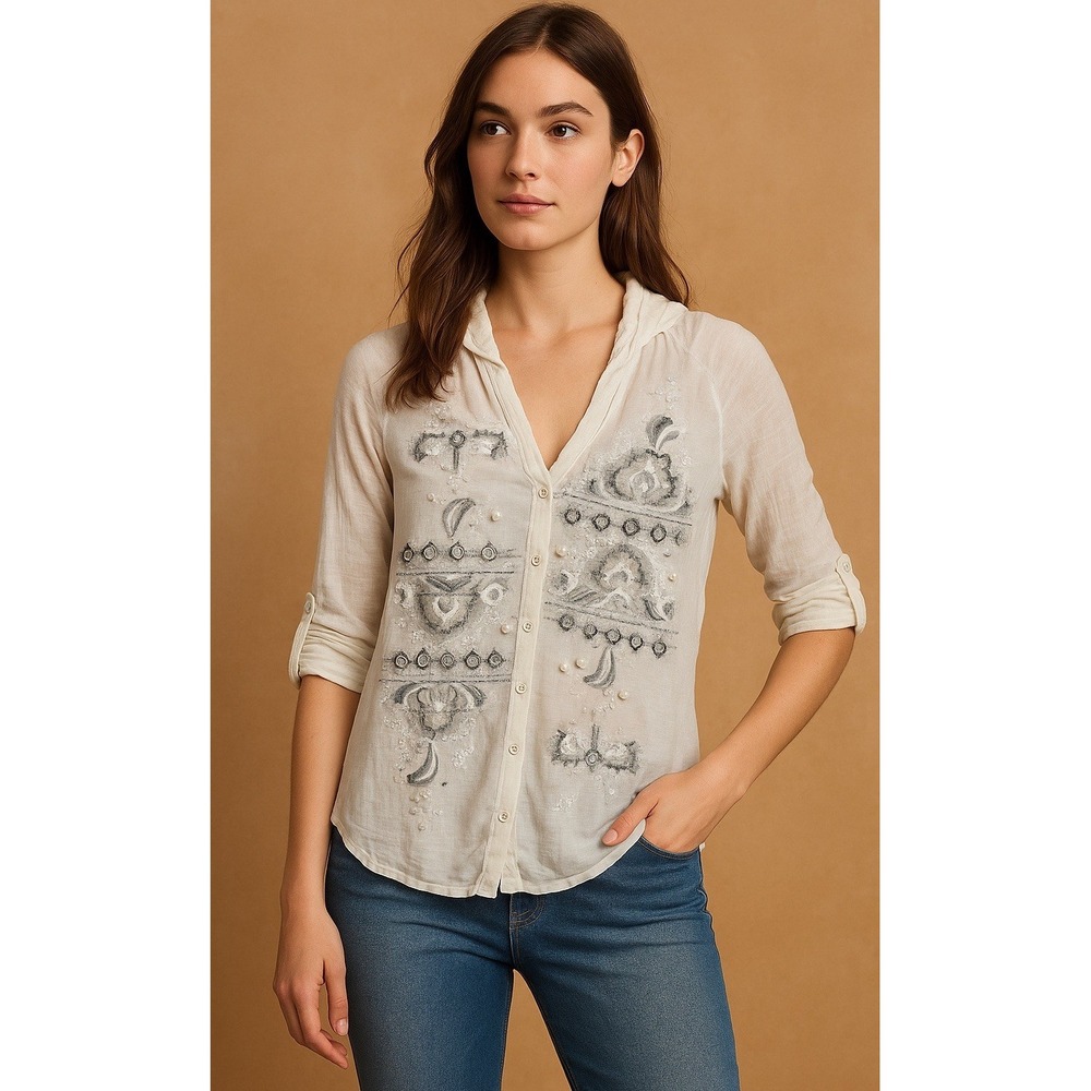 Anthropologie Tiny Cardigan Sweater Women's S‎ White Embroidered Button Front